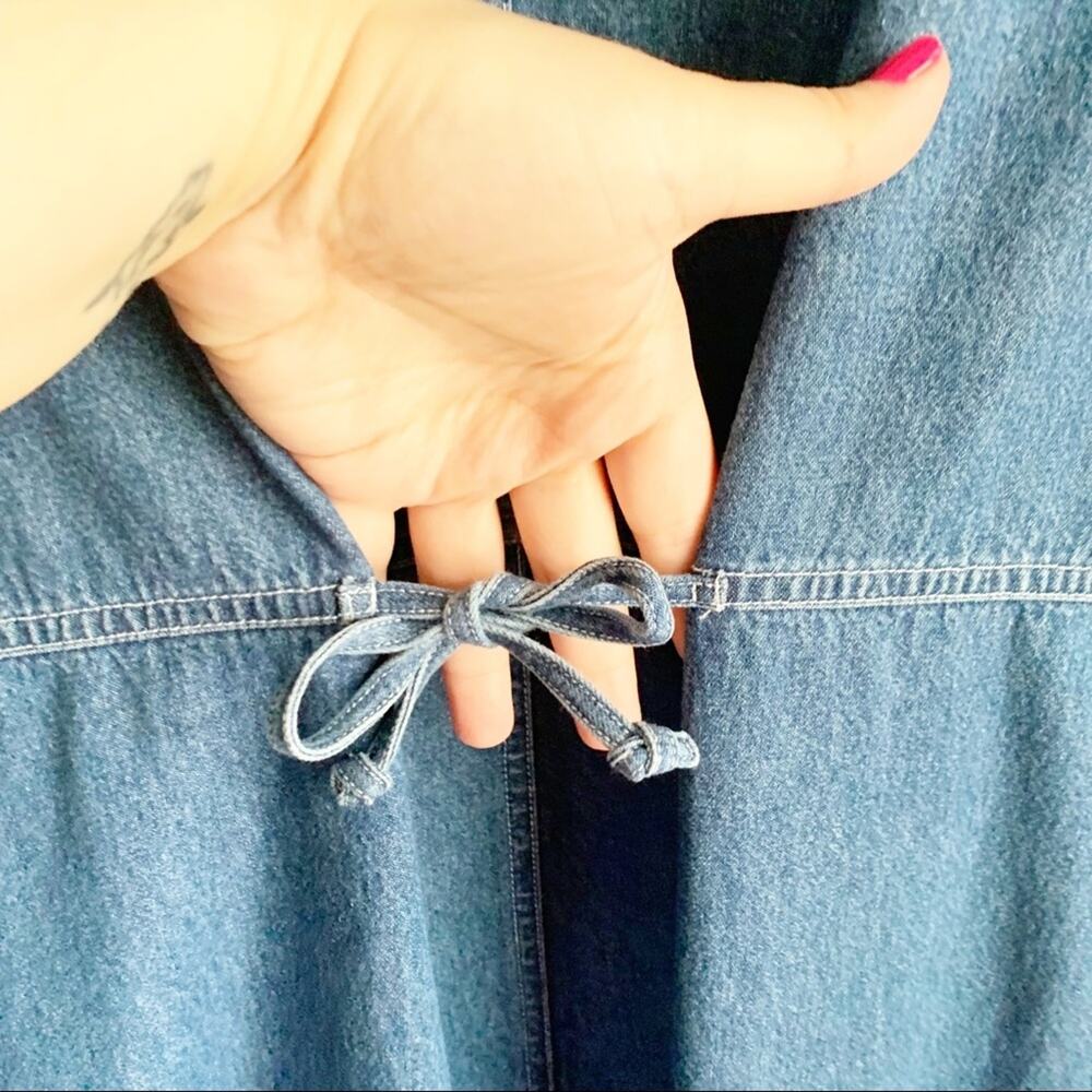 VTG Cottagecore Denim Maxi Dress 1980s White Flower Buttons Oversized Prairie S - Picture 11 of 14